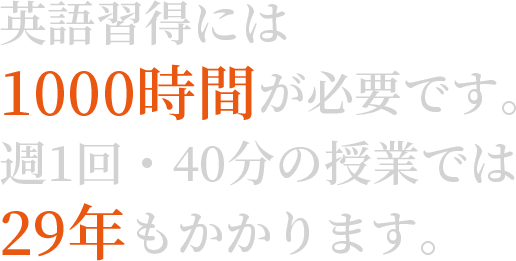 英語習得には1000時間が必要です。週1回・40分の授業では29年もかかります。